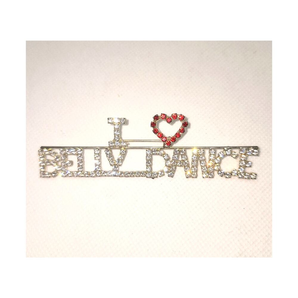 I ❤️ Belly Dance Rhinestone Brooch Clear/Red Silver Tone